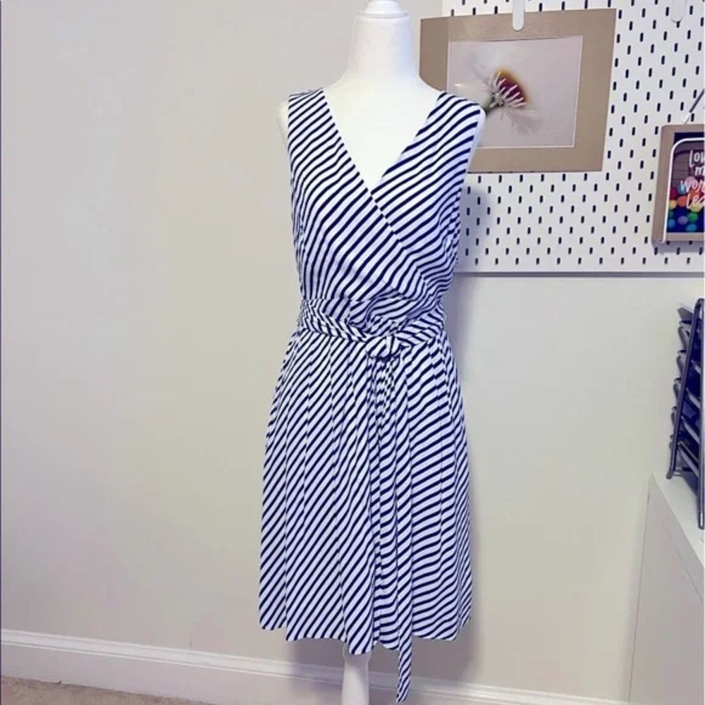 LOFT Black and White Striped Midi Dress